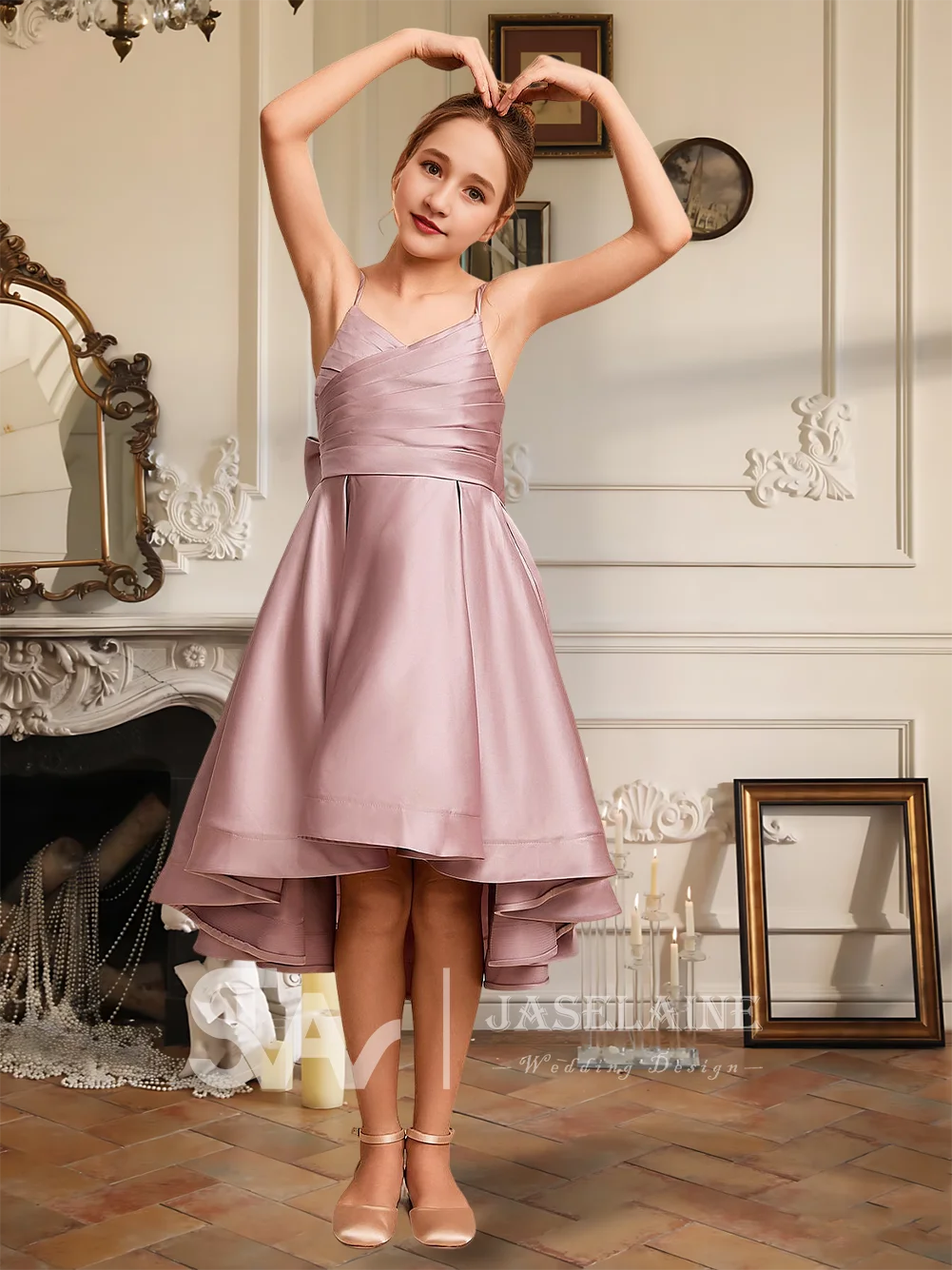 

A Elegant A-Line V-Neck Asymmetrical Satin Junior Bridesmaid Dress Bow Flower Girl Dress Girls Party Wedding Formal Occasion