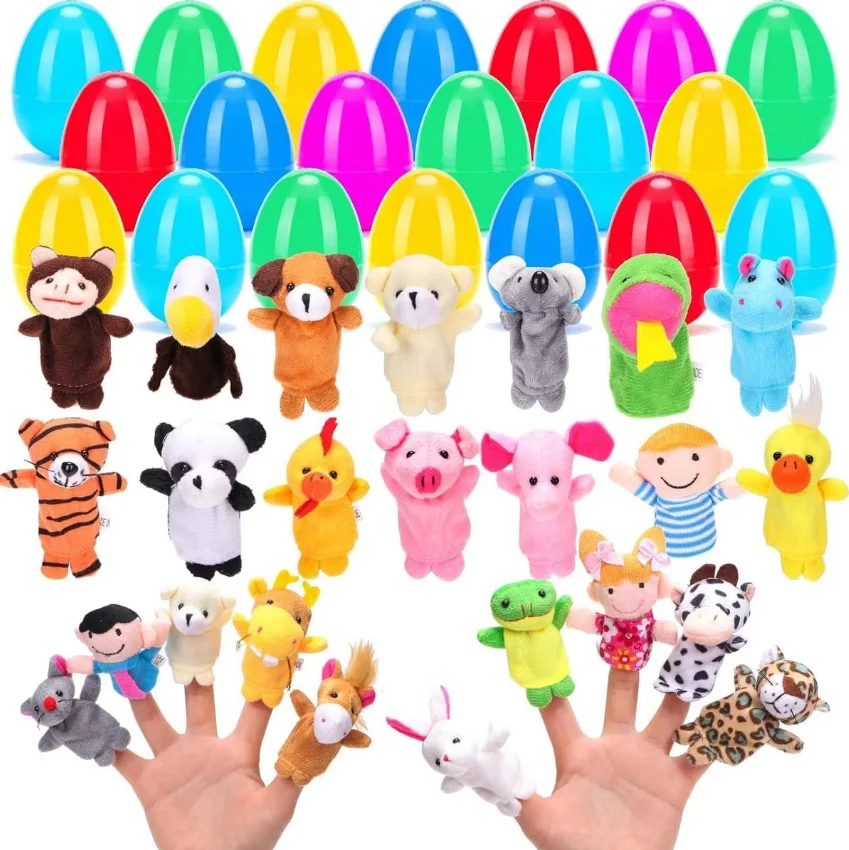 24 Pack Surprise Eggs with 6cm Animal Finger Puppets, Fillable Plastic Eggs with Plush Finger Puppet, Kids Role Play Toy, Halloween Christmas Party Favor Birthday Gift for Toddlers Boys Girls