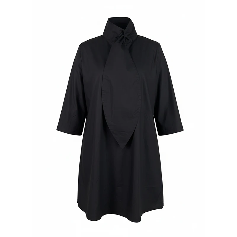 فستان نسائي أسود فضفاض من القطن 100% لخريف 2025 قميص قصير أنيق جديد بسيط أنيق بياقة واقفة وأكمام طويلة فساتين للمرأة