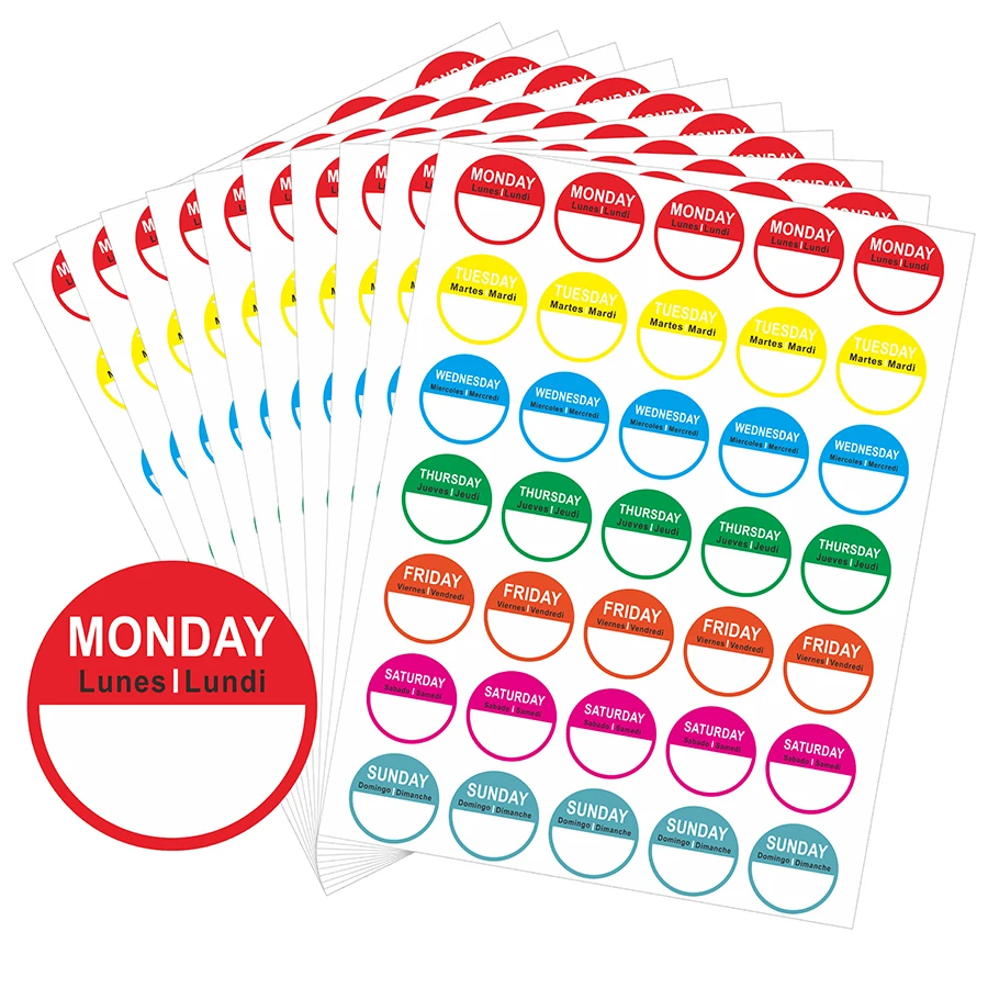 350 Stück mehrsprachige Tag der Woche Aufkleber – Englisch, Spanisch, Französisch, farbcodierte runde Etiketten zur Lebensmittelaufbewahrung.