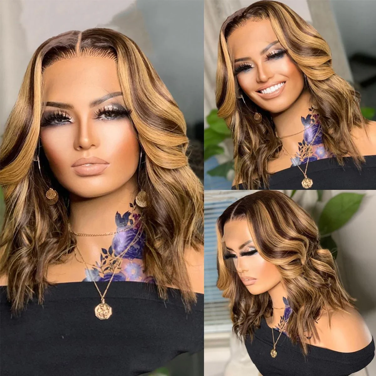 

Honey Brown 250% Loose Curly Bob Wigs Human Hair 13x4 Lace Front Wig 4/27 Highlight Bouncy Loose Wave Human Hair Wig For Women
