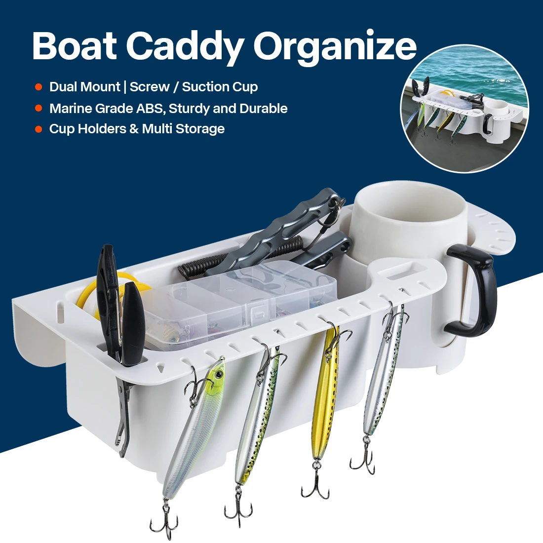 Boat Fishing Tackle Storage Organizer with Cup Holder, Lure and Pliers Rack, Marine ABS Caddy with Screw or Suction Cup Mount