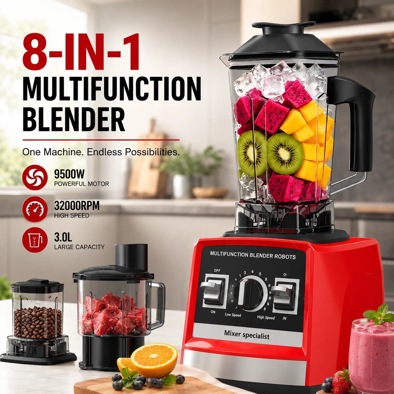 8-in-1 Multifunktionaler Mixer Küchenmaschine 9500W, 3L Hochgeschwindigkeitsmixer 32000 U/min Entsafter Fleischzerkleinerer Smoothie-Maker Küchengerät