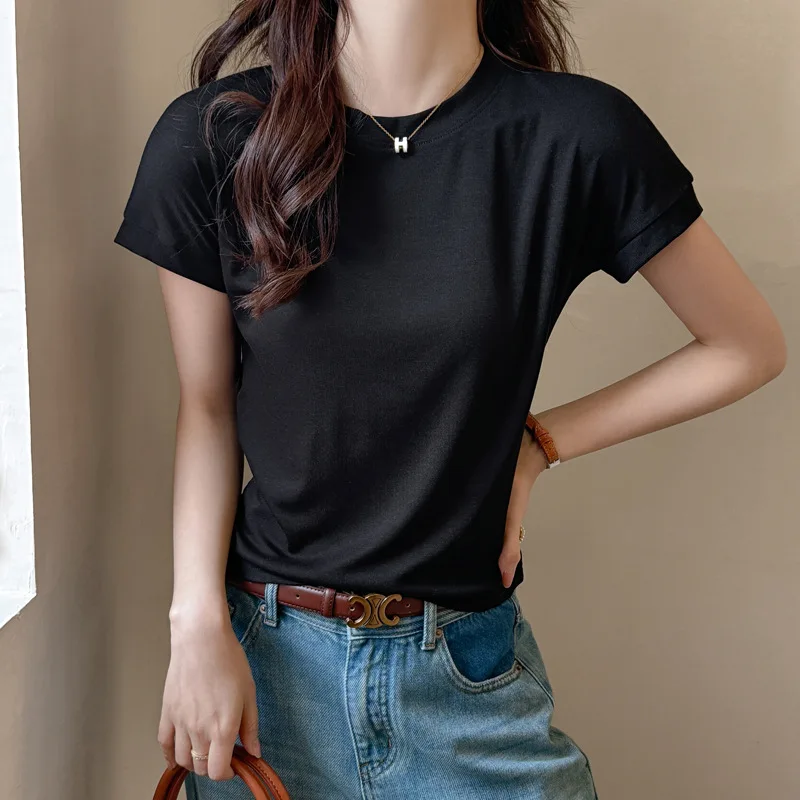 

Women's T-Shirts Korea Stylish Solid Color Short Sleeve Korea Stylish Slim Base Layer Tops Round Neck Female Blouse C5972