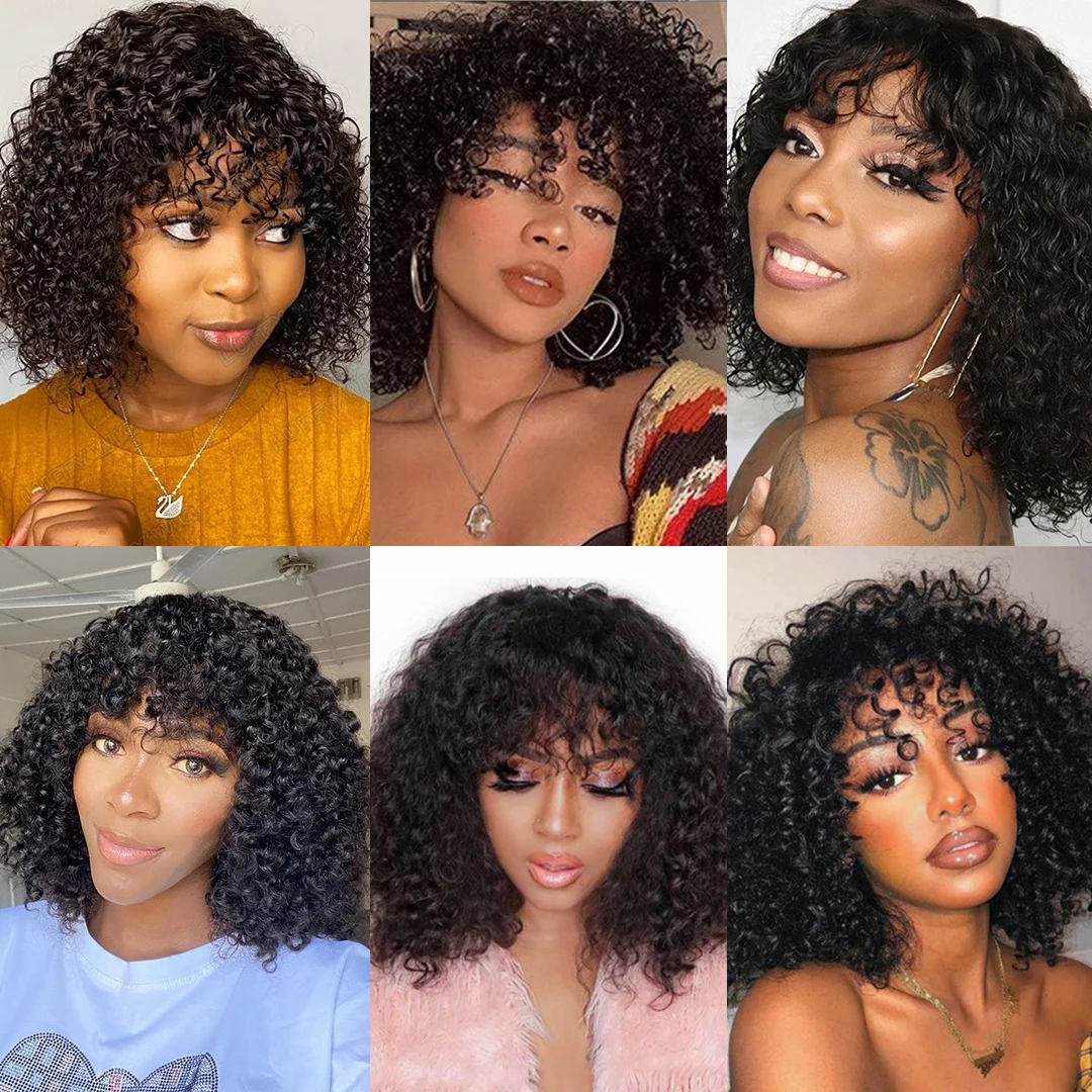 Peruca curta de Bob com Franja para Mulheres Negras, Cabelo Humano Virgem, Onda de Água, Pré-Arrancado, Cabelo do Bebê, Jerry Curl, Perucas Completas