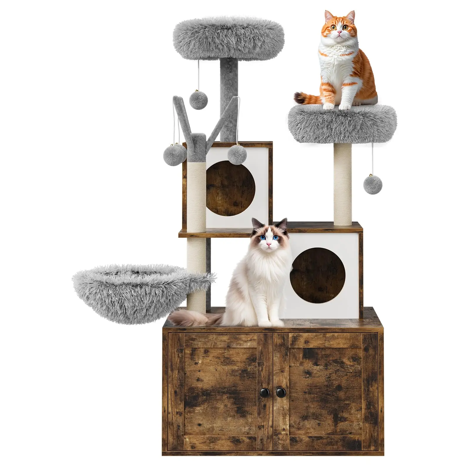 2-in-1 Katzenklo-Kombination und Kratzbaum, Katzen-WC mit Schrank aus Holz und Sisal-Kratzbaum, Katzen-Spielcenter