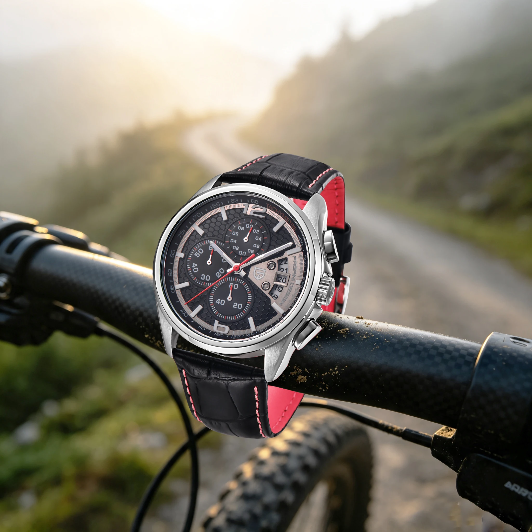PAGANI DESIGN Business Sports Mens Quartz Watches Three-Eye Tachymeter Honeycomb Texture Dial Leather Calendar Waterproof Watch