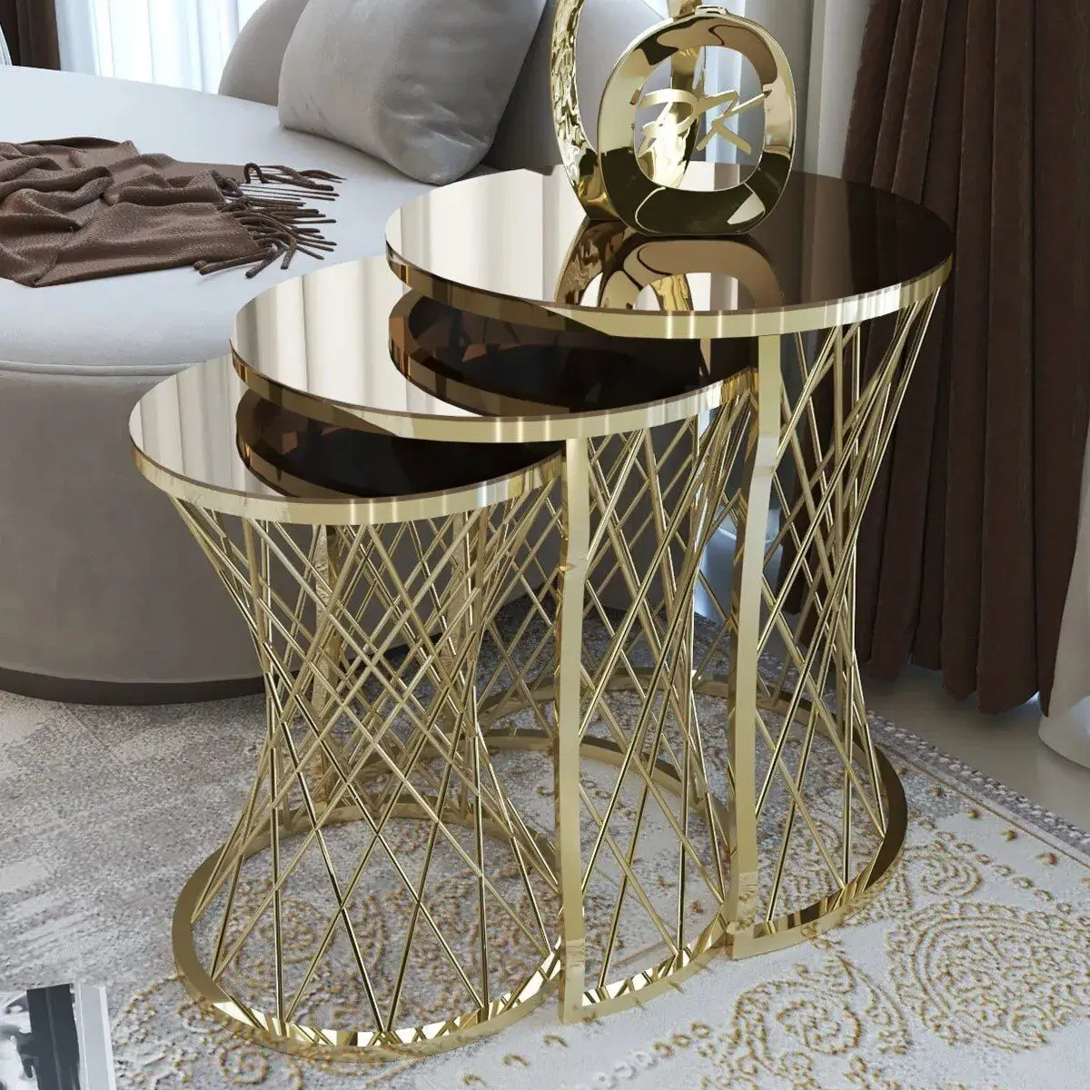 Decorative Set of 3 Wicker Nesting Table Gold Silver Unbreakable Tempered Glass Luxury Coffee Table Set 3Pcs Furniture Accessory