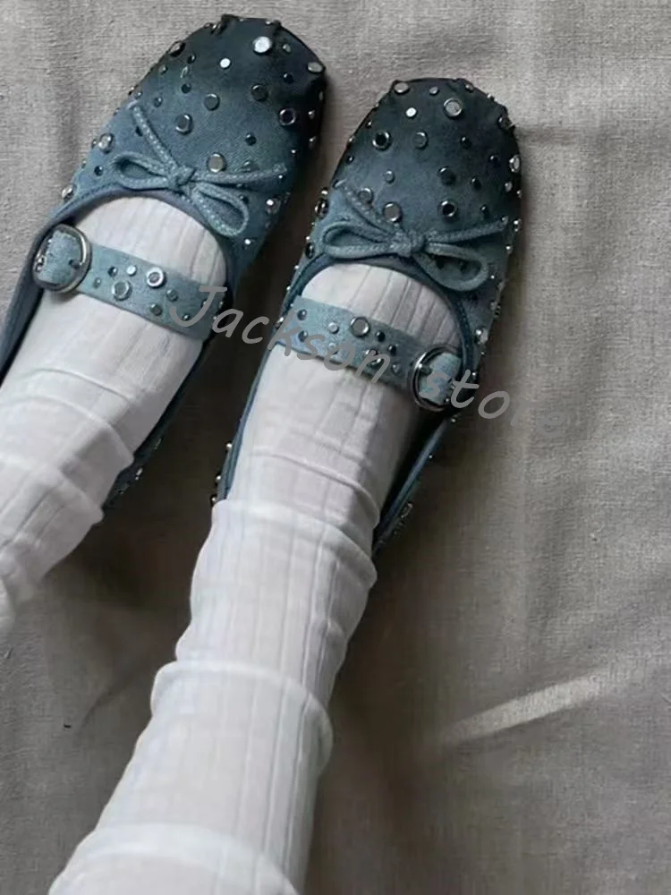 Vintage Bow Flat Bottom Ballet Shoes Blue Rhinestone Denim Casual Women Shoes Buckle Trendy Loafers Female Dress Shoes