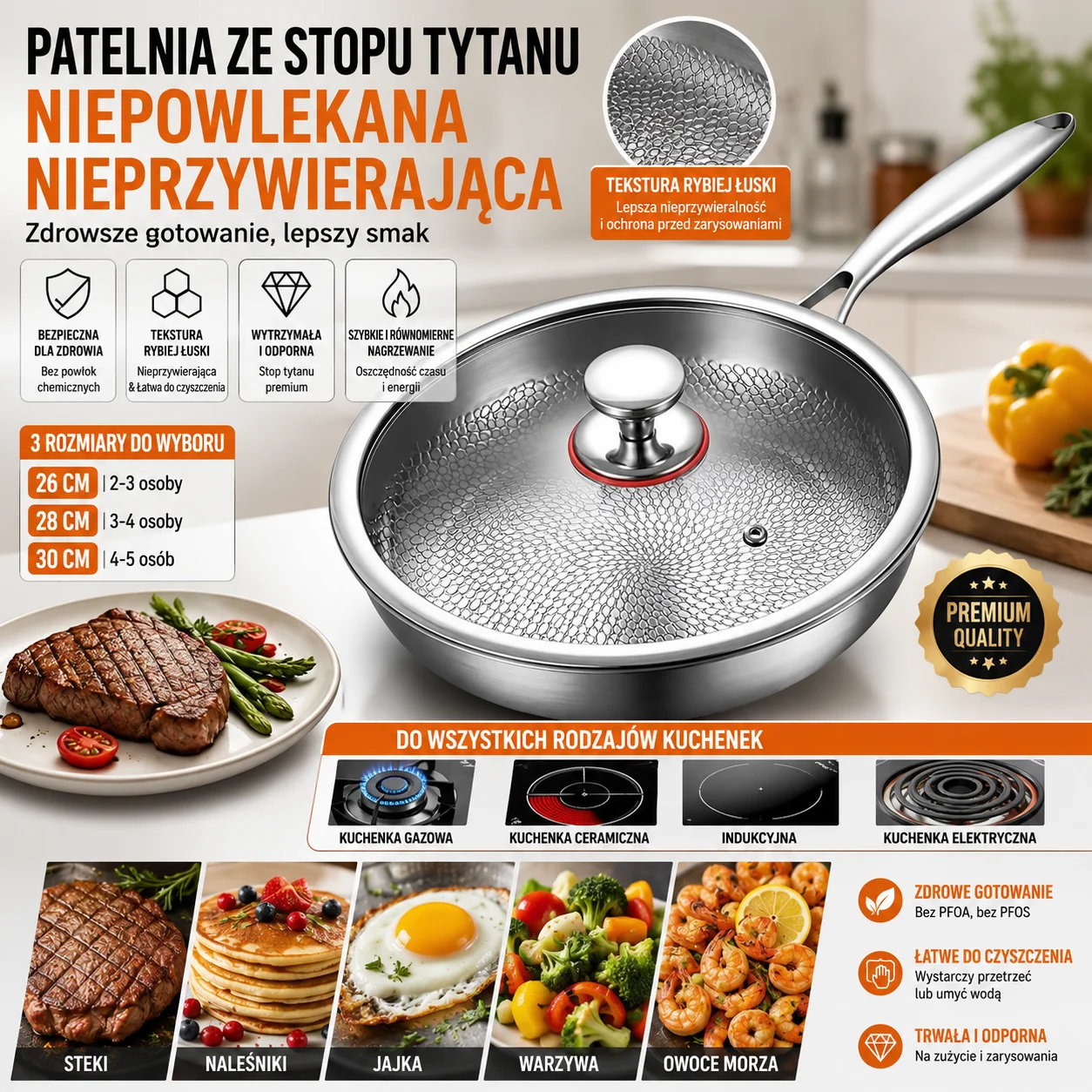 Bratpfanne 26–30 cm, unbeschichtet, antihaftbeschichtet, aus Titanlegierung mit Fischschuppen-Textur, ideal für Steaks, Pfannkuchen, Eier und Gemüse; geeignet für Gasherde; vielseitiges
