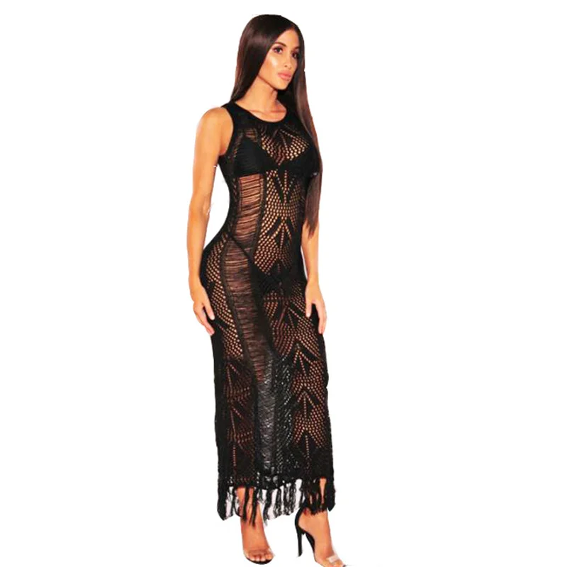 Sexy ärmelloses langes Strickkleid für Damen, durchsichtige Quaste, Strand-Badeanzug, Vertuschung, aushöhlen, gehäkelter Bikini, Sommer-Badebekleidung