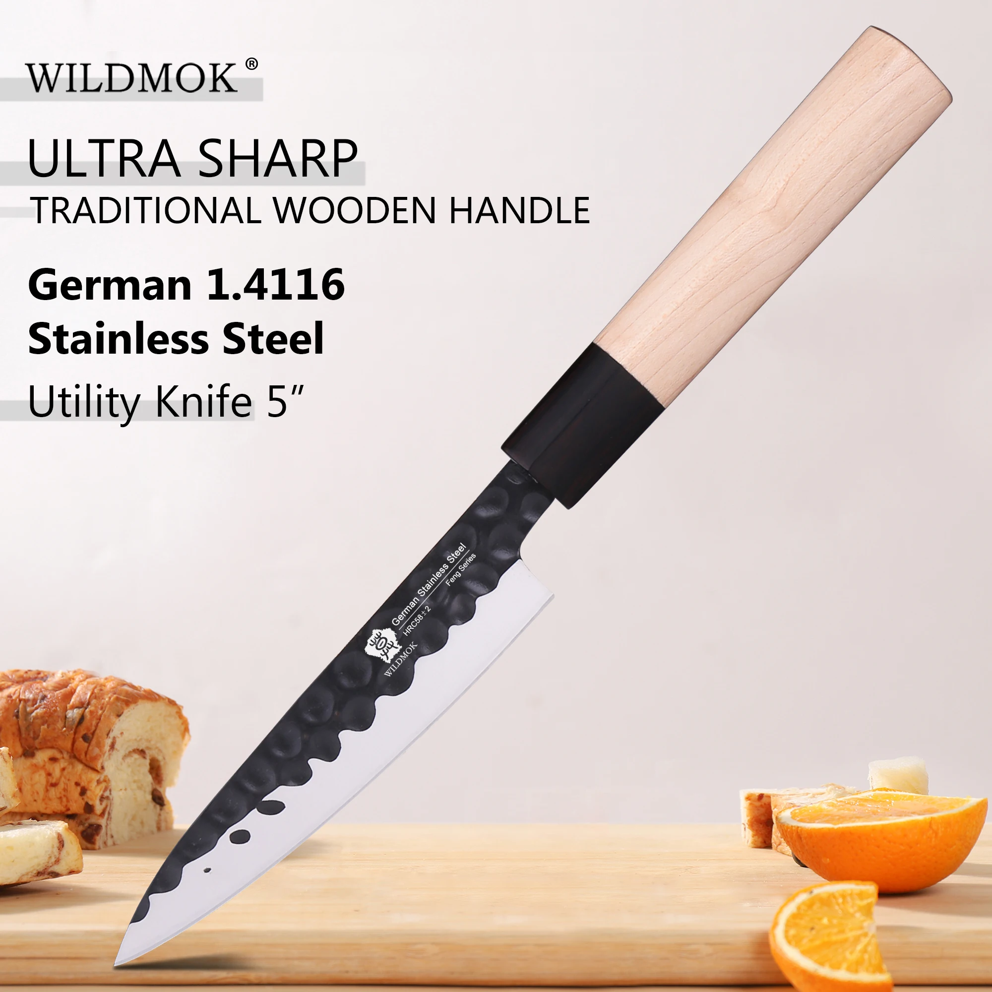 

WILDMOK 5" Utility Knife, Ultra Sharp Fruit and Vegetable Cutting Knife - German Steel Maplewood Handle For Left Handed Knives