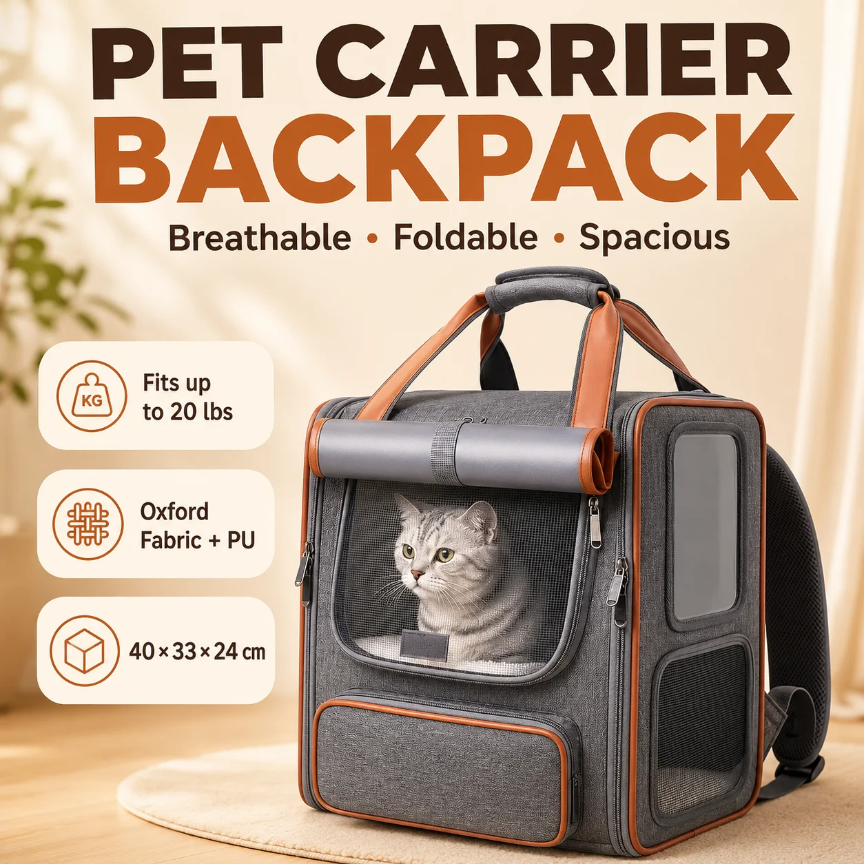 Moorpet Foldable Pet Backpack, Large‑Capacity Portable Travel Carrier, Dual‑Use Shoulder & Hand Bag for Cats & Small Dogs