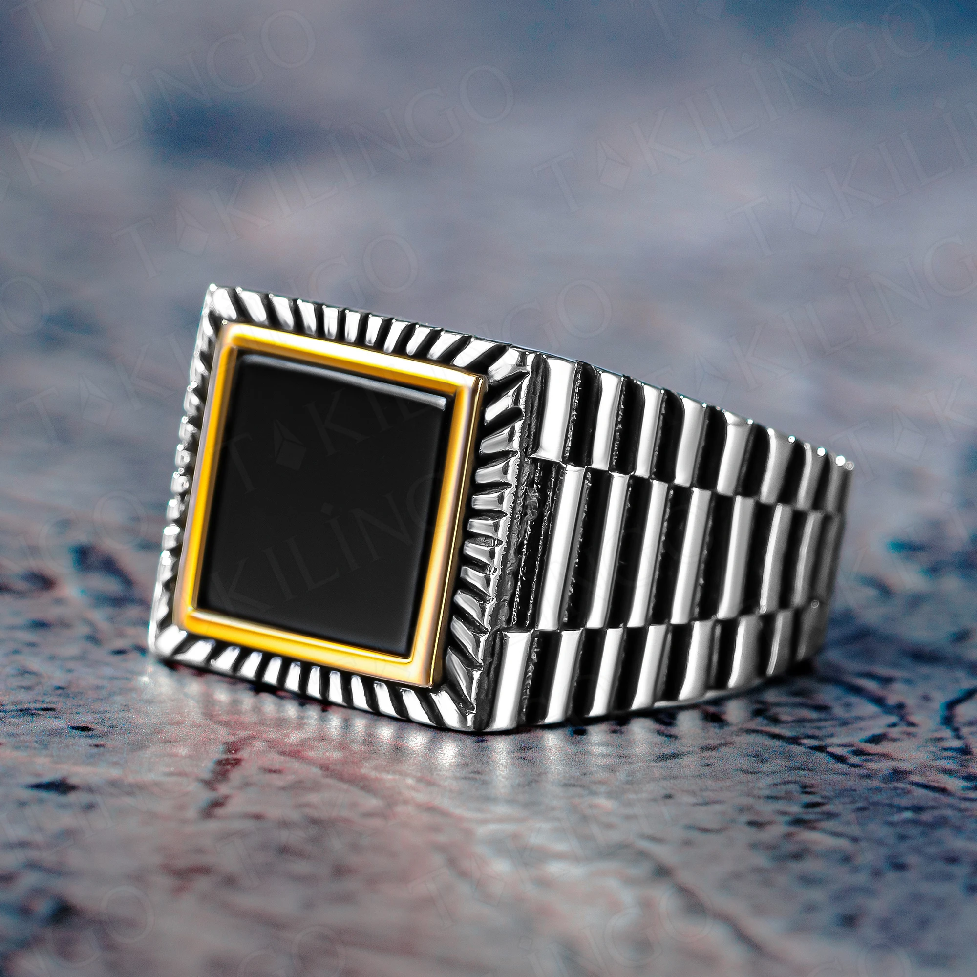 

Square Black Onyx Gemstone 925 Sterling Silver Black Onyx Stone Biker Ring for Men