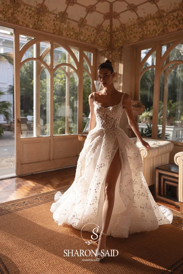 Sharon Said 2025 Romantic Sweetheart Appliques A-Line Tulle Wedding Dress Side Slit Court Train Bridal Gowns SW363 Customized