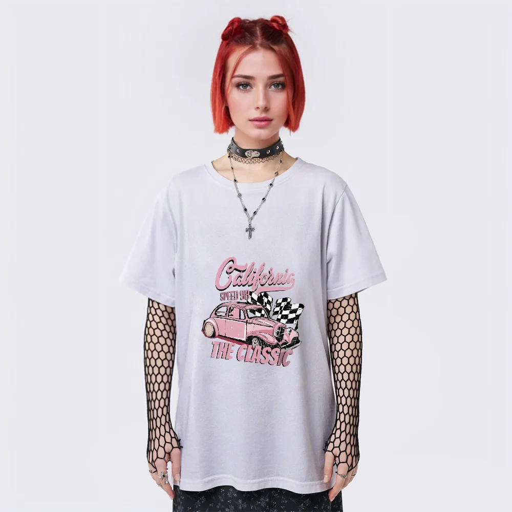 

Винтажная женская хлопковая футболка с розовым автомобилем в стиле Харадзюку, футболки с графическим принтом 90-х годов, модные эстетические свободные топы с короткими рукавами