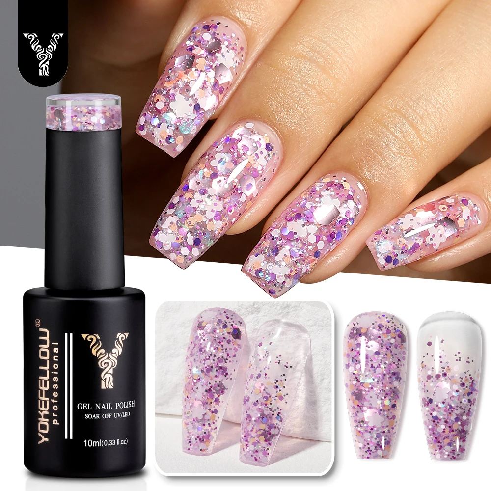 

YOKEFELLOW 10ml Glitter Gel Nail Polish Candy Purple Sparkly Shiny Glitter Sequins Soak Off UV Gel Varnish Colorful DIY Nail Art