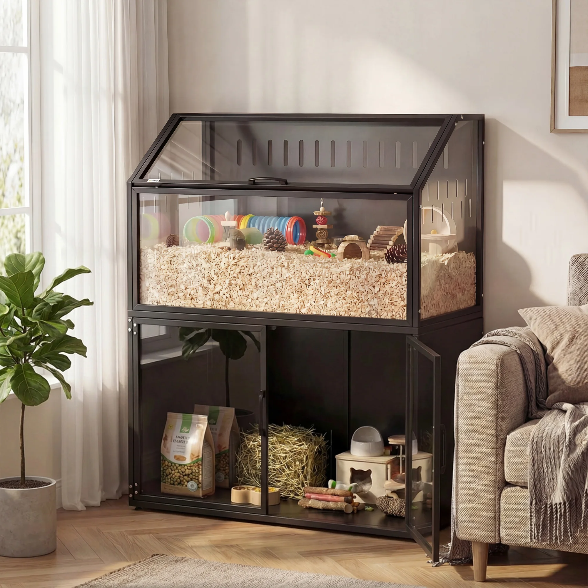 Schwarzer 2-in-1 Hamsterkäfig mit integriertem Aufbewahrungsschrank, atmungsaktiven Lüftungsschlitzen & transparenter Acrylplatte, Zugangstür oben, geräumiges Gehege für syrische Hamster, Mäuse und