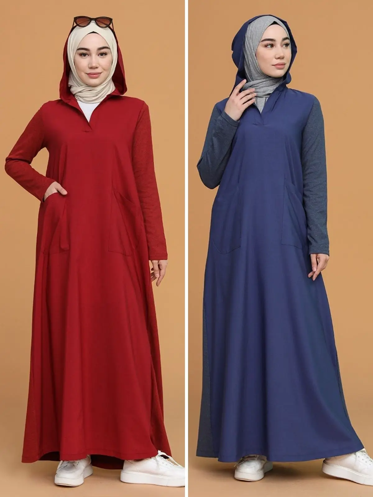 Hooded Pocket Dress Cotton Long Sleeve 4 Seasons Women Muslim Fashion Hijab Clothing Stylish Suitable