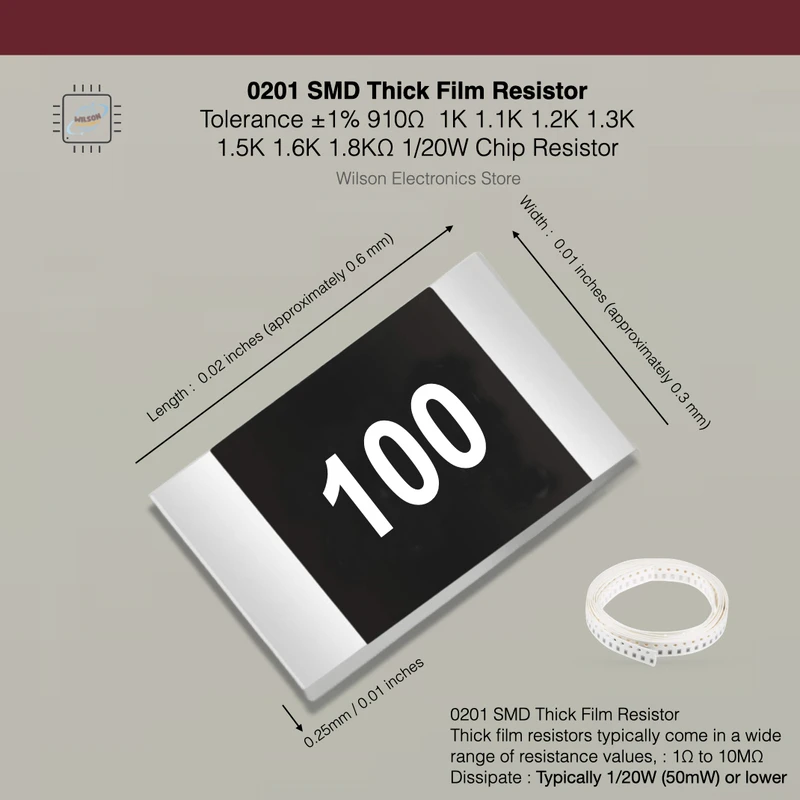 

100 PCS/LOT 0201 SMD Chip Fixed Resistor with Tolerance ±1% 910Ω 1K 1.1K 1.2K 1.3K 1.5K 1.6K 1.8KΩ 1/20W Film Resistor