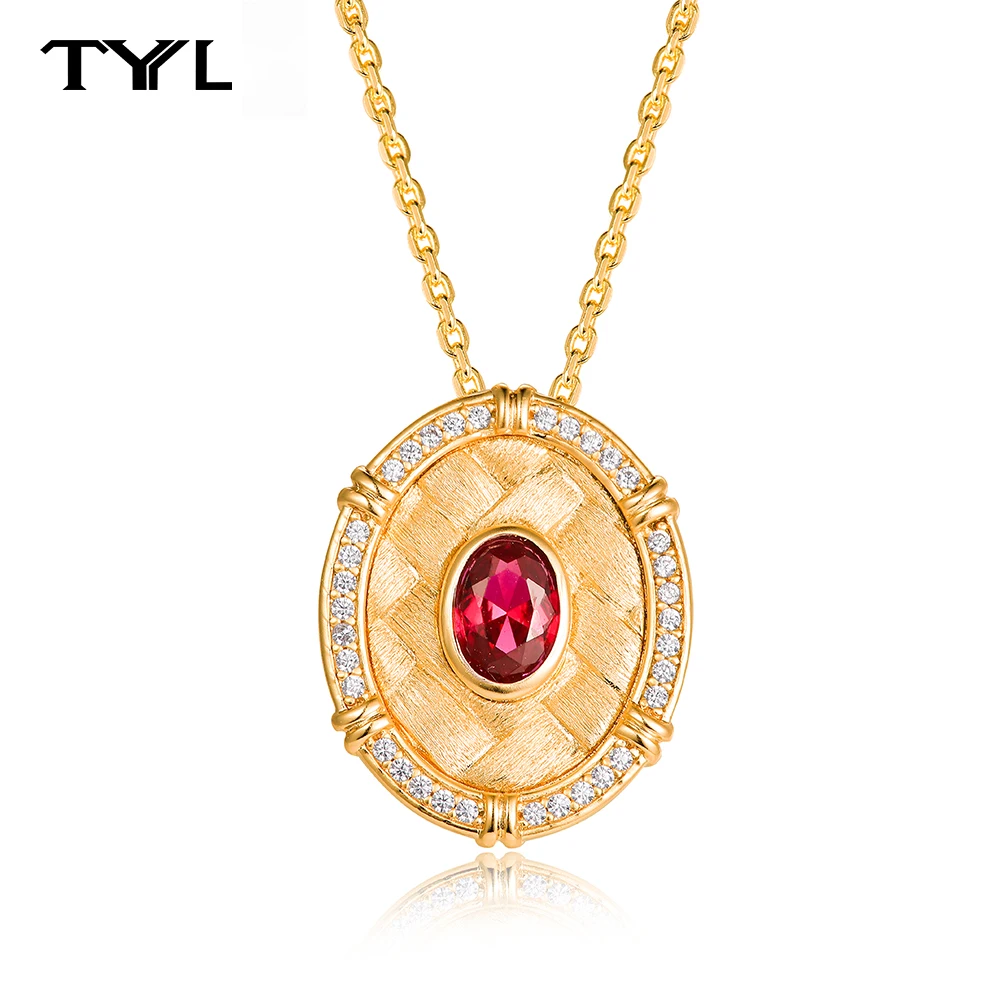 

TYYL Yellow Plated Oval 22mm Moderate Women's Necklace with Dazzling Red Zircon and White Zircon, Women's Date Christmas Jewelry