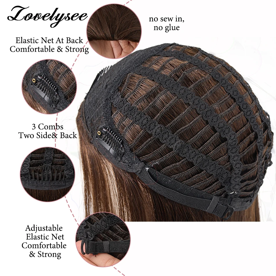 Lovelysee 3/4 نصف باروكة شعر بشري مع وصلات شعر حريري مستقيم شعر ريمي بني اللون ناعم 150% 180% شعر مستعار للنساء