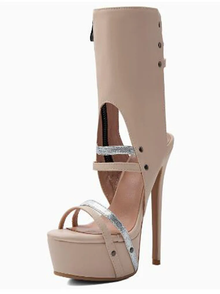 Women Nude Sliver Narrow Band Platform High Heel Sandals Rivet Hollow Out Strappy Stiletto Heels Side Zipper Ankle Strap Shoes