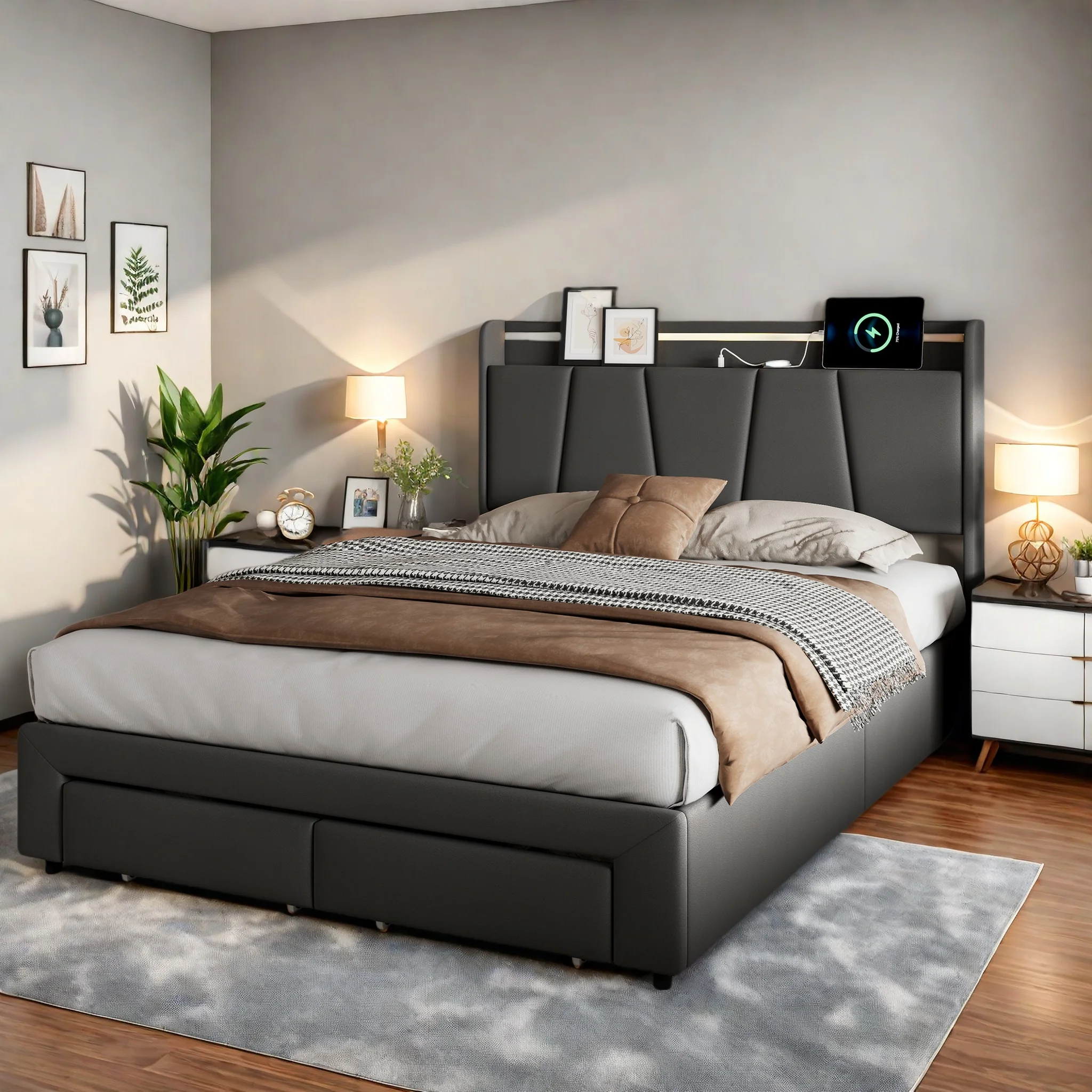 Lit rembourré Superaly 140x190cm avec 2 tiroirs, lit hydraulique, lit double avec éclairage LED, lit rembourré avec sommier à lattes, gris