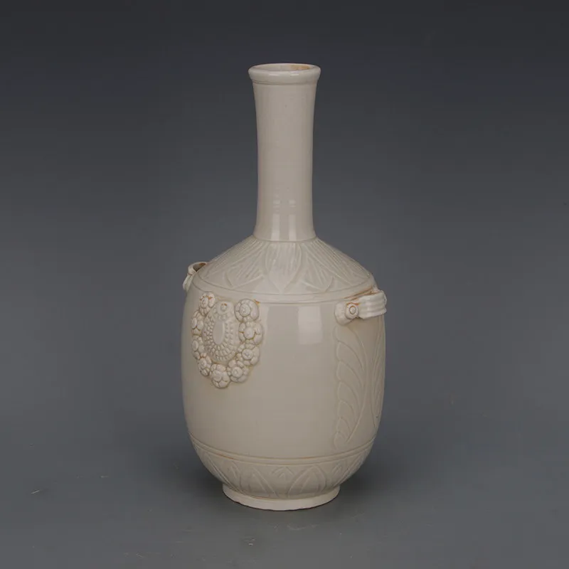 Song Dynasty Ding Kiln Style White Glaze Raised Studs Double Lugs Incised Long Neck Vase Porcelain Home Decor Collectible