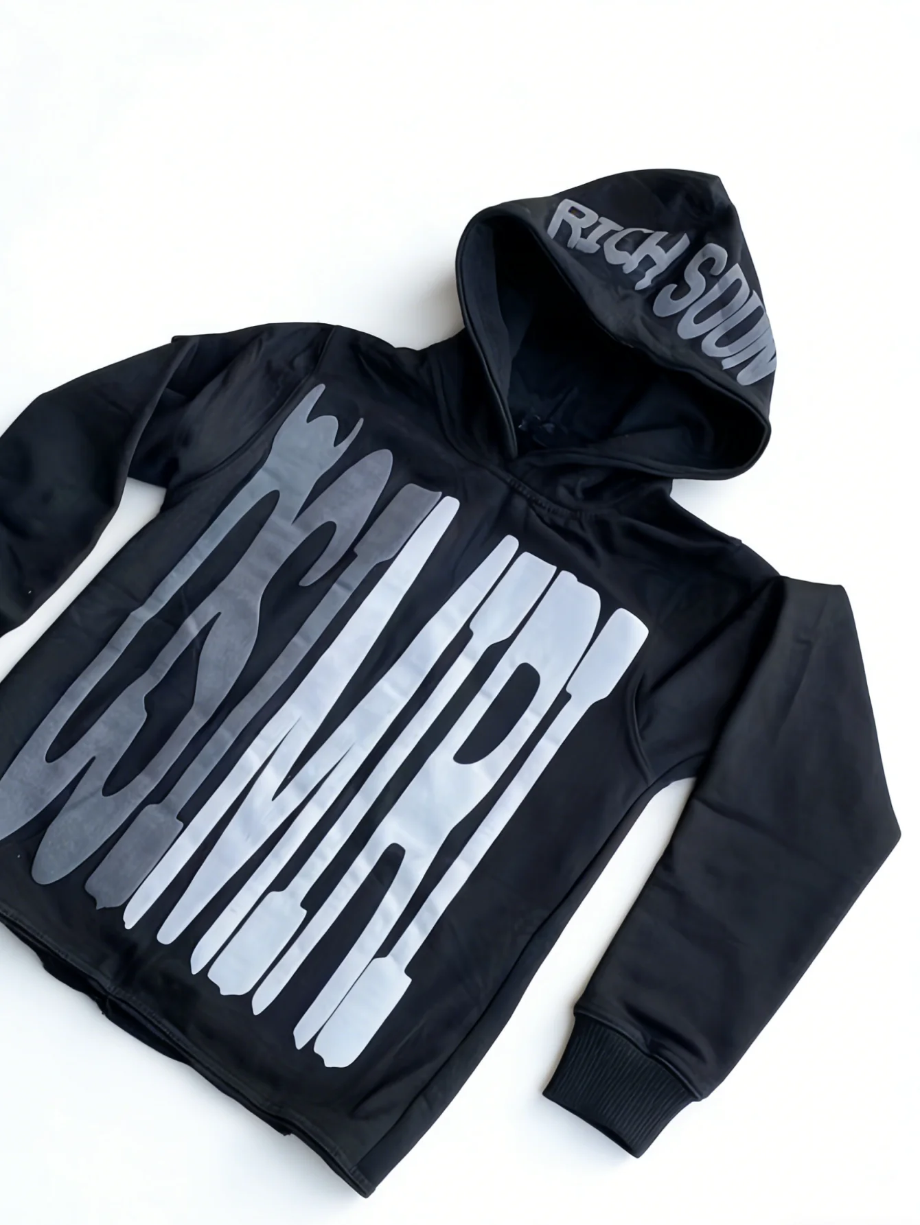 

Unisex Oversized Black Hoodie, "OSIMIRI" & "RICH SOUND" 3D Letter Print Streetwear Pullover Sweatshirt