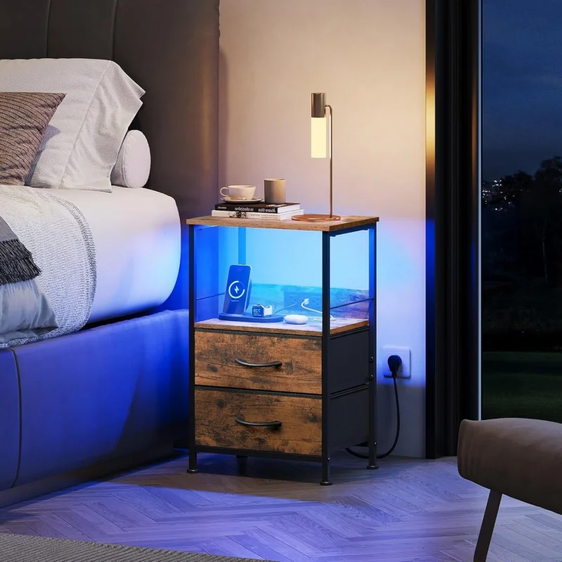 منضدة GALAXHERO مع محطة شحن LED طاولة بجانب السرير 2 أدراج قماشية رف تخزين 3 منافذ USB 2 منافذ خزانة صغيرة