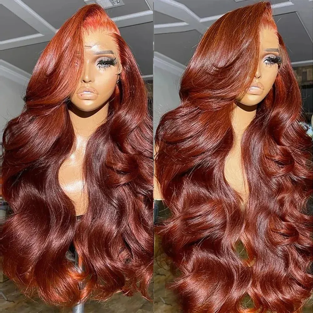 Reddish Brown Body Wave13x6 HD Lace Front Human Hair Wigs 30 Inch Brazilian 200% Water Wave13x4 Lace Frontal Red Colored Wig