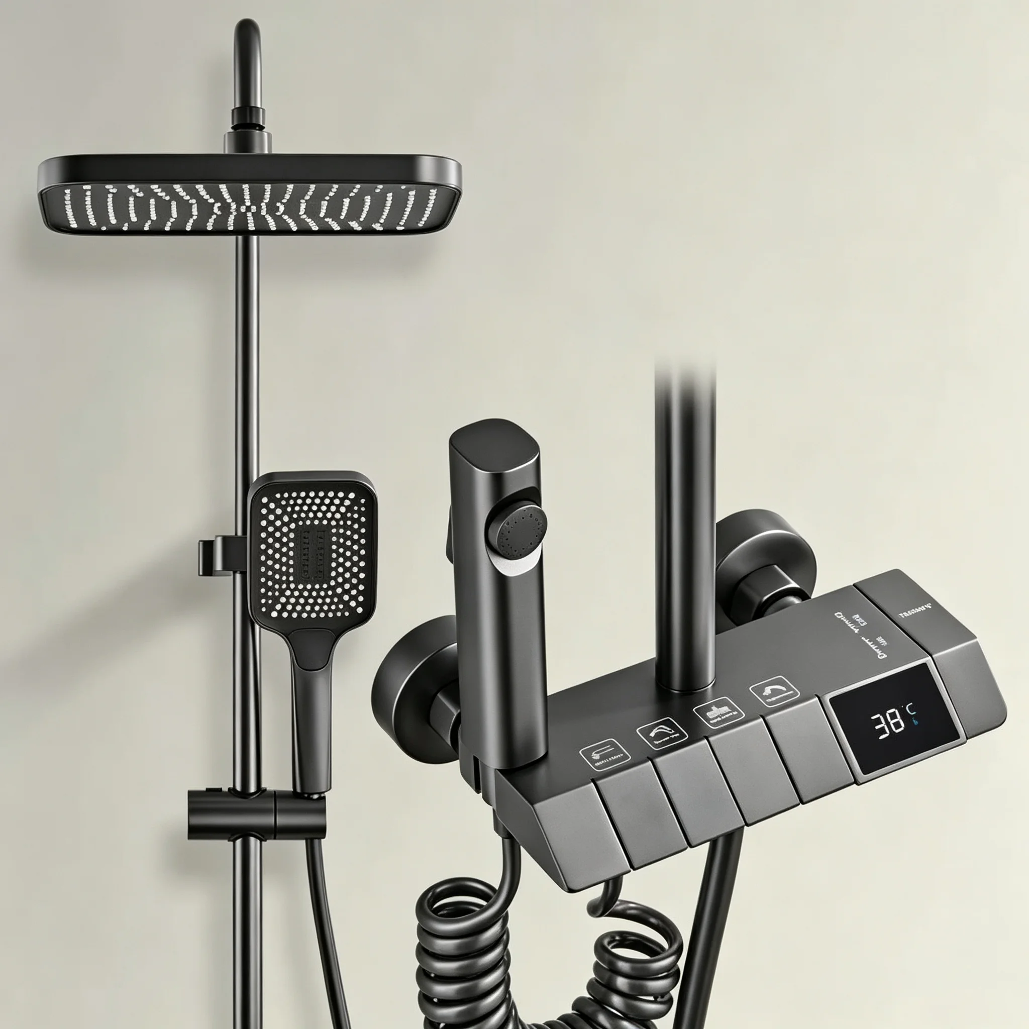 Wandmontiertes Hochleistungs-4-Funktionen-Duschsystem mit Digitalanzeige, Klaviertasten, Ambientebeleuchtung, 2-in-1 Handbrause und Regenduschkopf