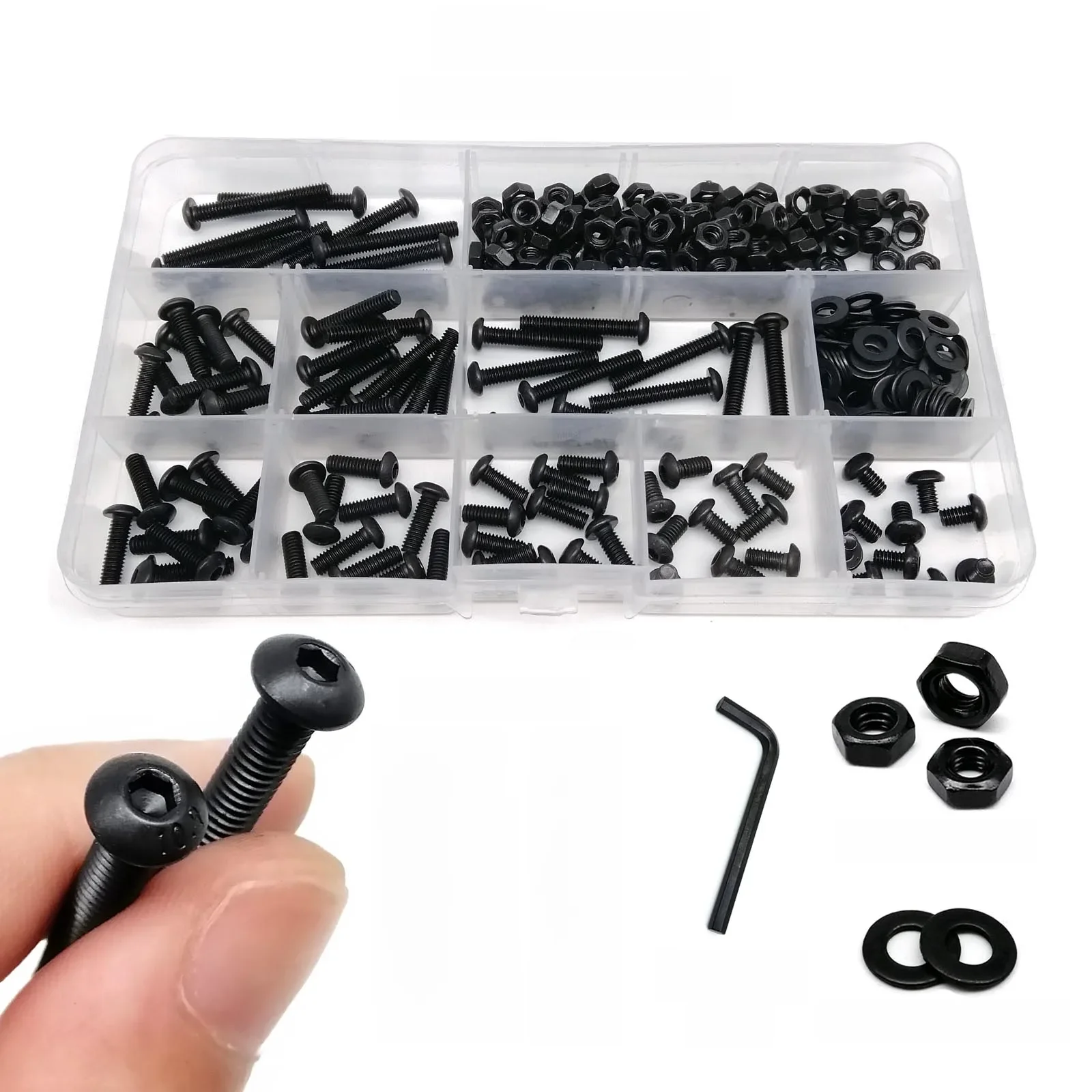 Boîte de jeu de vis à tête ronde, kit de rondelle d'écrou, hexagonale Allen, bouton à six pans creux, grade 10.9, acier noir, M1.6, M2, M2.5, M3 figuré, M5, M6, M8