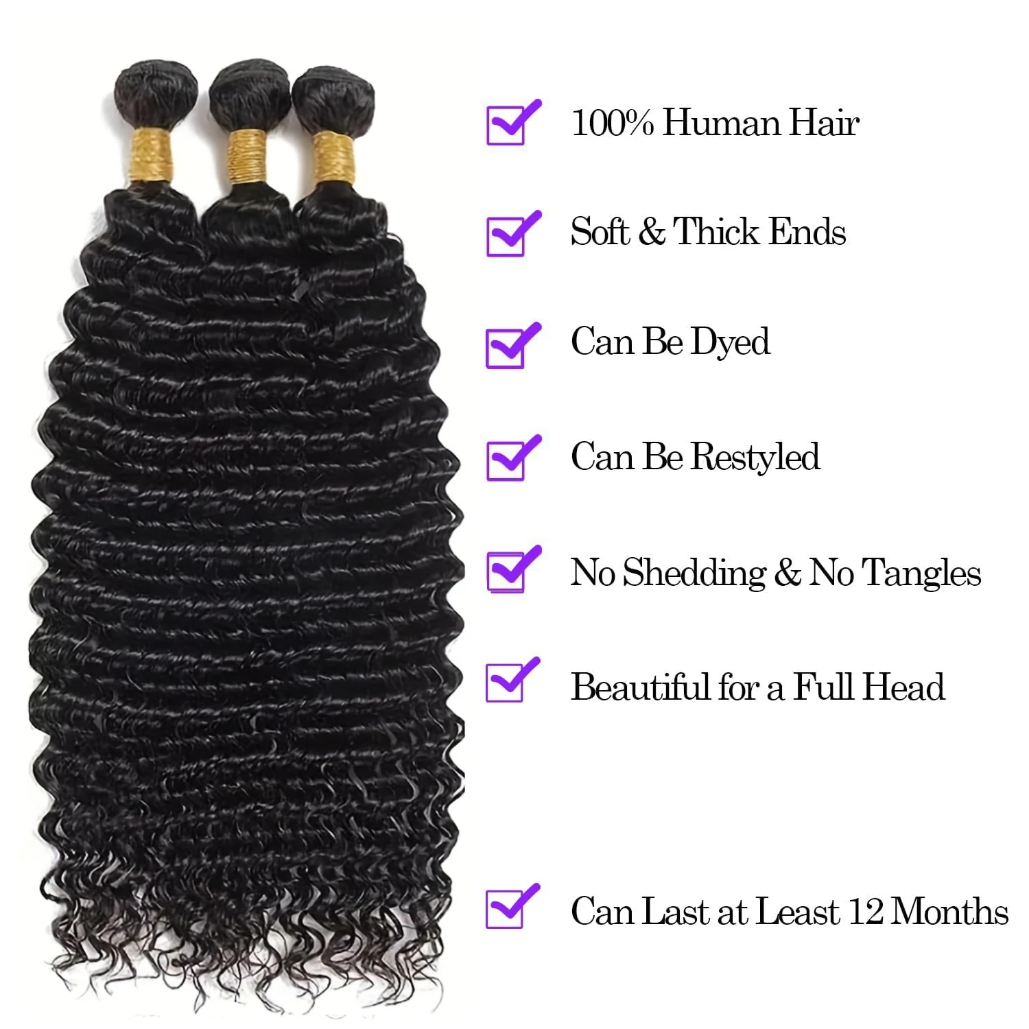 100% 인모 1 3 묶음 천연 블랙 딥 웨이브 인모 헤어 익스텐션 여성용 100% 고품질 인모 헤어 익스텐션