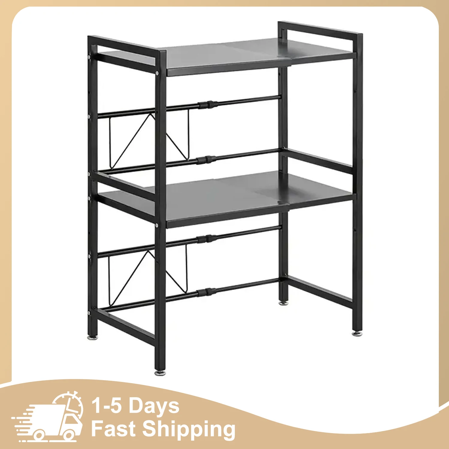 Estante de Cocina de 3 Niveles para Microondas, Estante de Almacenamiento Extensible para Encimera, Acero al Carbono Resistente, Altura Ajustable, Ganchos Extraíbles
