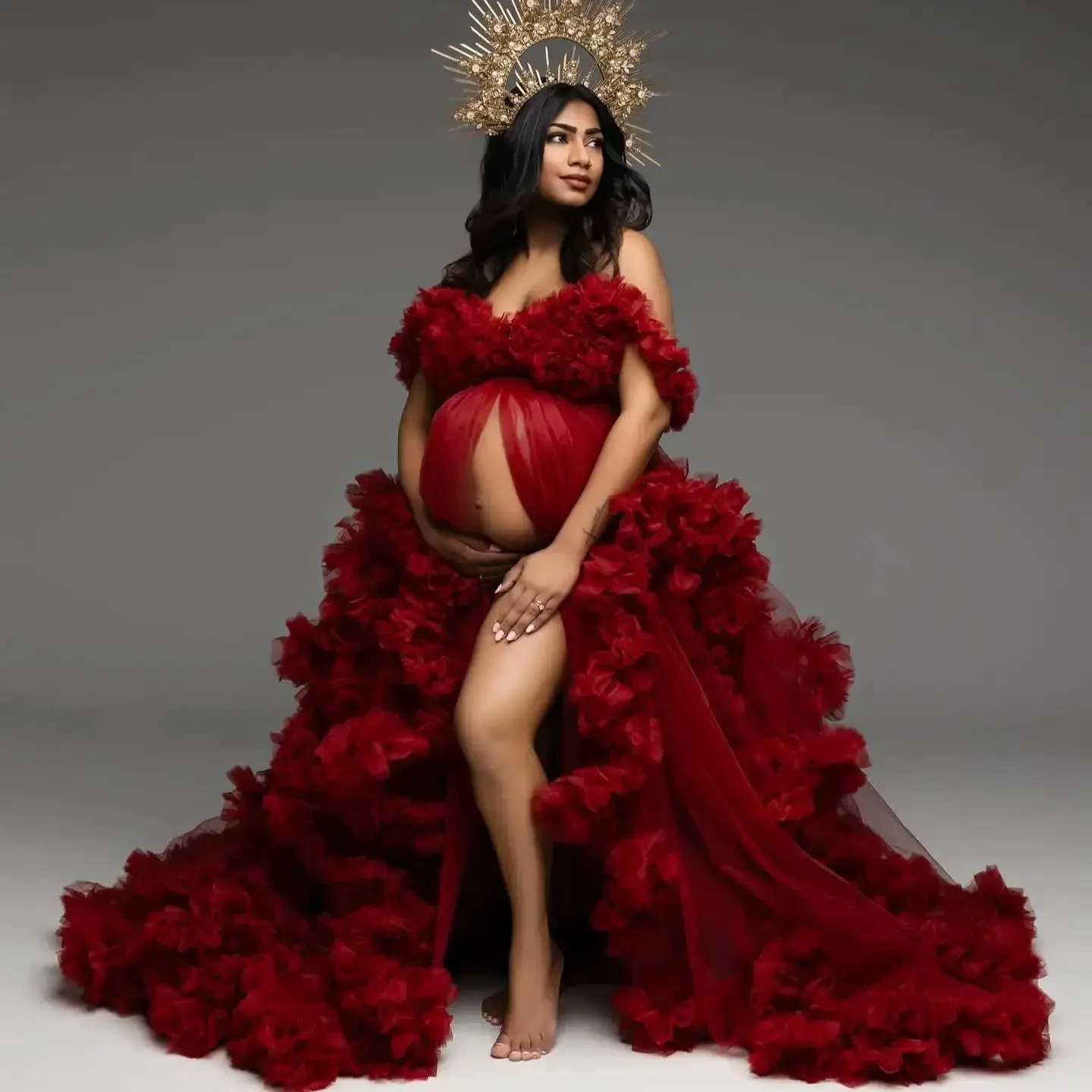 Ciemnoczerwone suknie balowe sesja zdjęciowa luksusowa szata z falbanką na Baby Shower dostosowana wielowarstwowa elegancka bielizna ślubna Vestido de Novia — zdjęcie 2