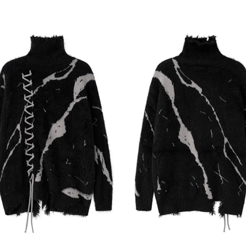 INS Dark Turtleneck Sweater Men's Winter Clothes 2024 Splice Color Tassel Weaving Couples Wool Oversize Knitwear Y2k Loose Knit