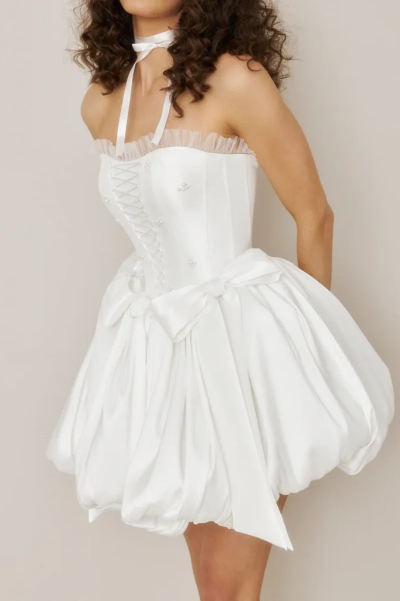 Annie Abiti da ballo con perle fatte a mano Abiti da sera corti stile soffice con fiocco bianco Occasioni speciali Abiti da festa فسات Бmavera