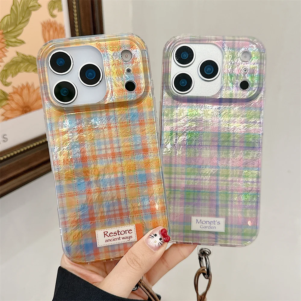 

The new luxury purple green checkered strap hanging rope is suitable for iPhone 17 Pro, 13, 14, 15, 16 Pro Max, with anti drop p