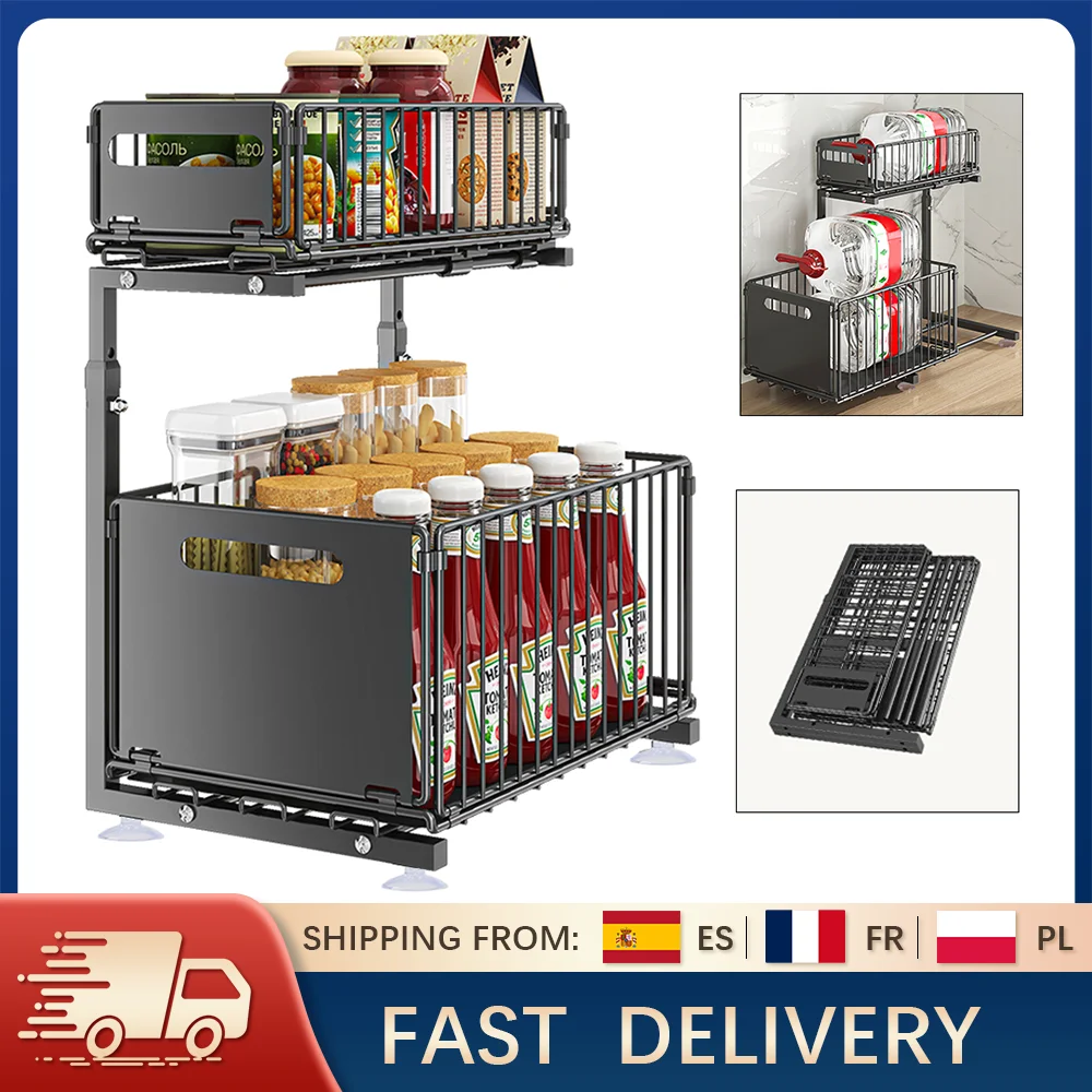 Organisateur d'armoire extractible à 2 niveaux, support de rangement coulissant réglable en acier au carbone pour cuisine, garde-manger sous évier, étagères de salle de bains