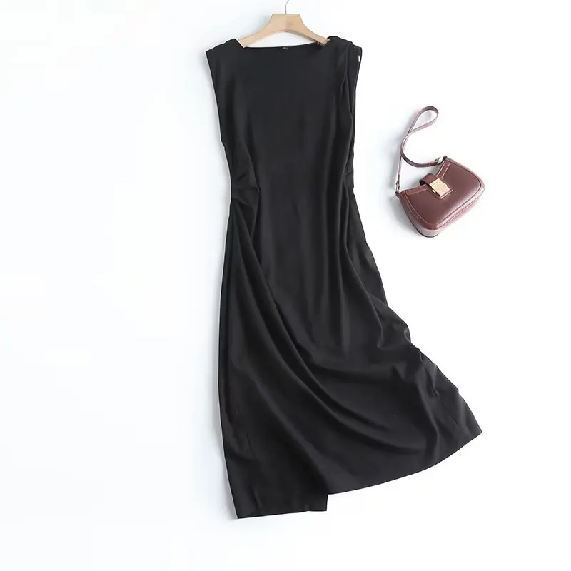 

Withered 2024 Spring/Summer New Women's Loose Cotton Hemp Retro Dress Sleeveless Black Midi Dress Casual Dress Women