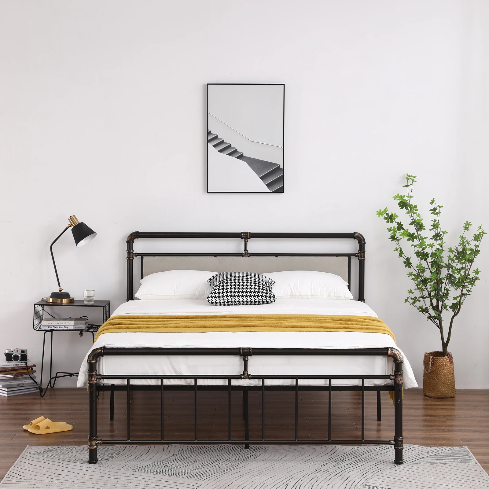 Queen Single-Layer Bed Head and Soft Bag Pull Buckle Bed End Standpipe Water Pipe Bed Black Gold-Painted Iron Bed[US-Stock]