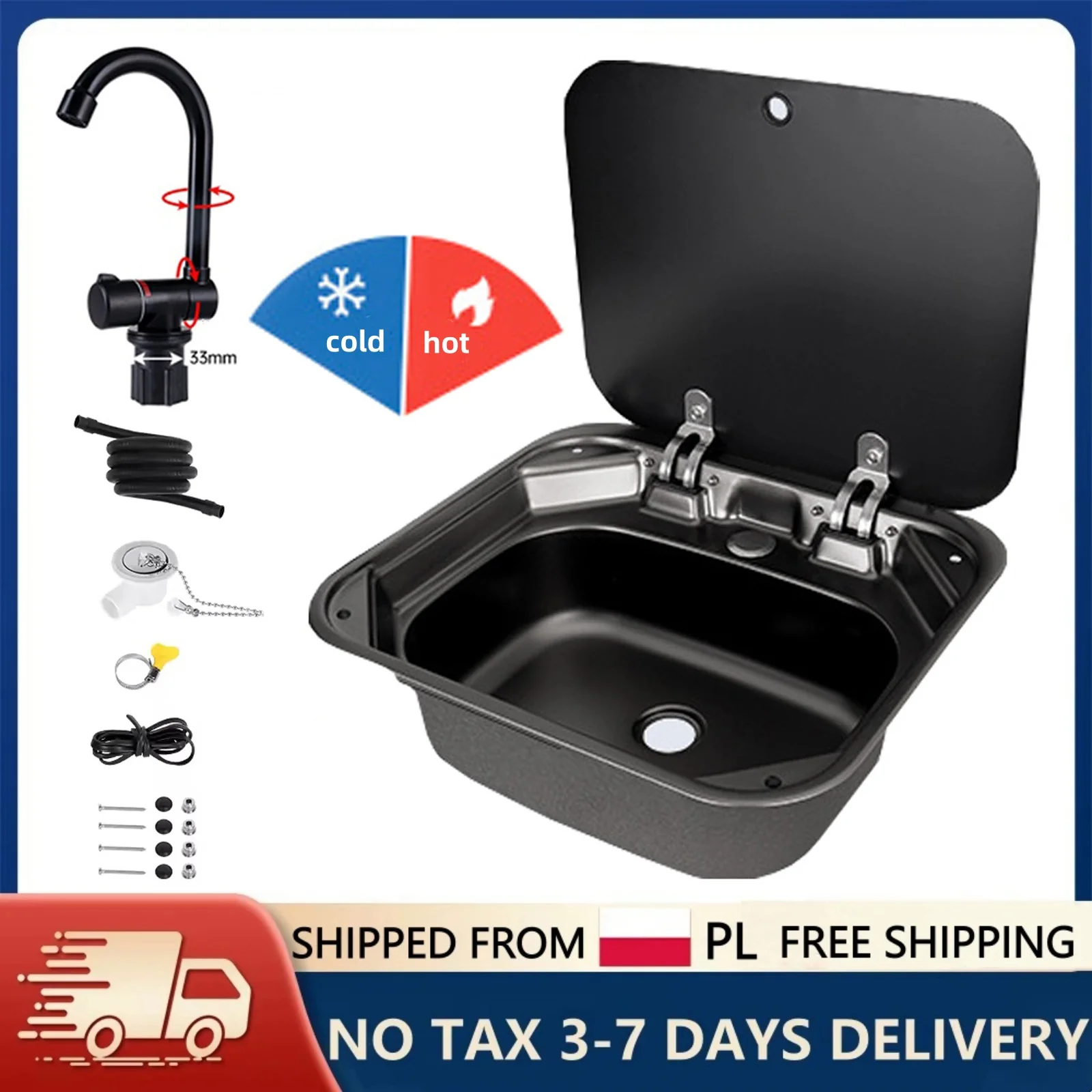 Schwarz-Graues Camper-Waschbecken mit Hitze- und Kältegeregelter Armatur, Klappbarem Wasserhahn und Gehärtetem Glasdeckel mit Schalldämpfender Unterseite