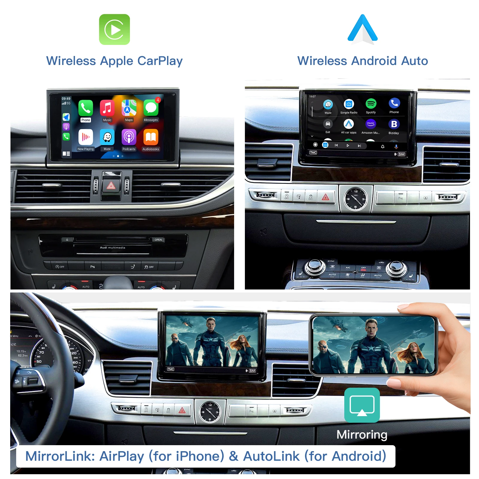 وحدة فك ترميز تلقائية لاسلكية CarPlay Android لأودي A6 A7 2011-2018، وصلة مرآة واجهة AirPlay كاميرا مشغل USB بلوتوث