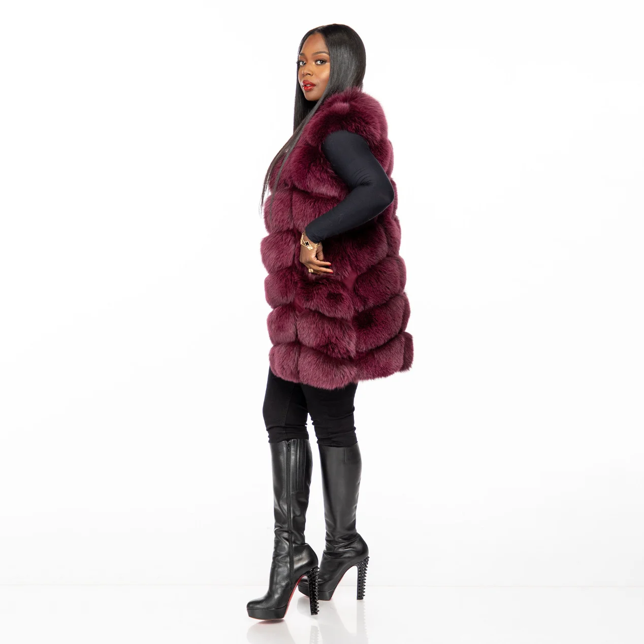 Fashion Wine Red Natural Fox Fur Vest Round Collar Winter Trendy Woman Fur Overcoats Genuine Leather Fox Fur Coats Sleeveless