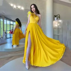 Yellow Evening Dresses For Women Elegant Customized Feathers Side Split Long Party Dress Sexy Side Split Feathers Prom Gowns