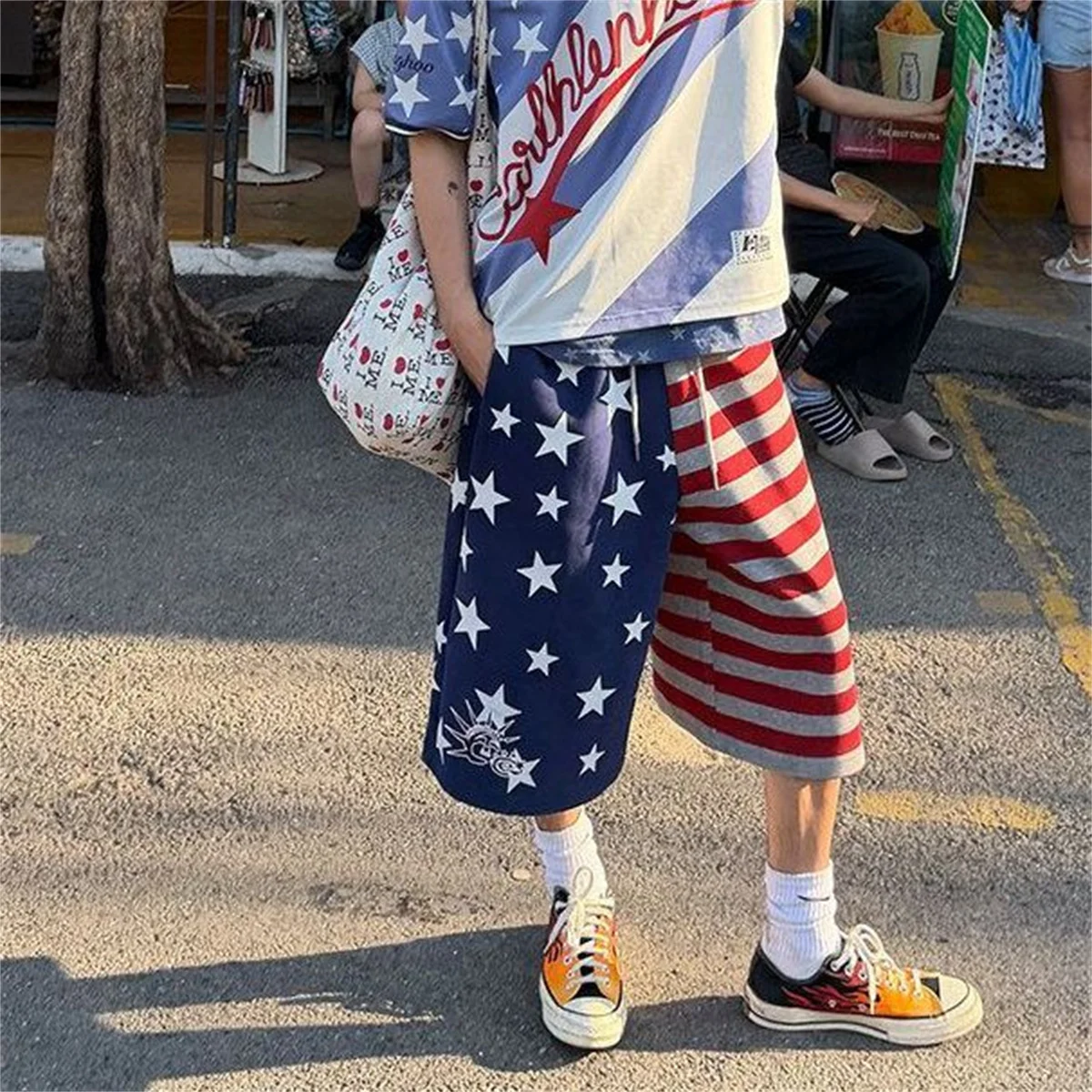 Men's Star Print Color Blocked Wide Leg Cropped Pants Summer Street Boy Casual Sweatpants Male High Waist Calf-length Trousers