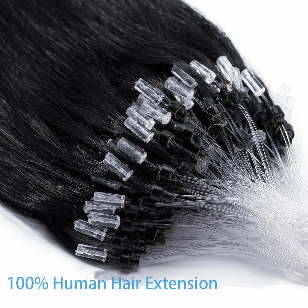 ストレート人毛エクステンション女性のための-100-グラム釣り糸ヘアエクステンションブラジルレミーヘアマイクロループ目に見えないナチュラルブラック