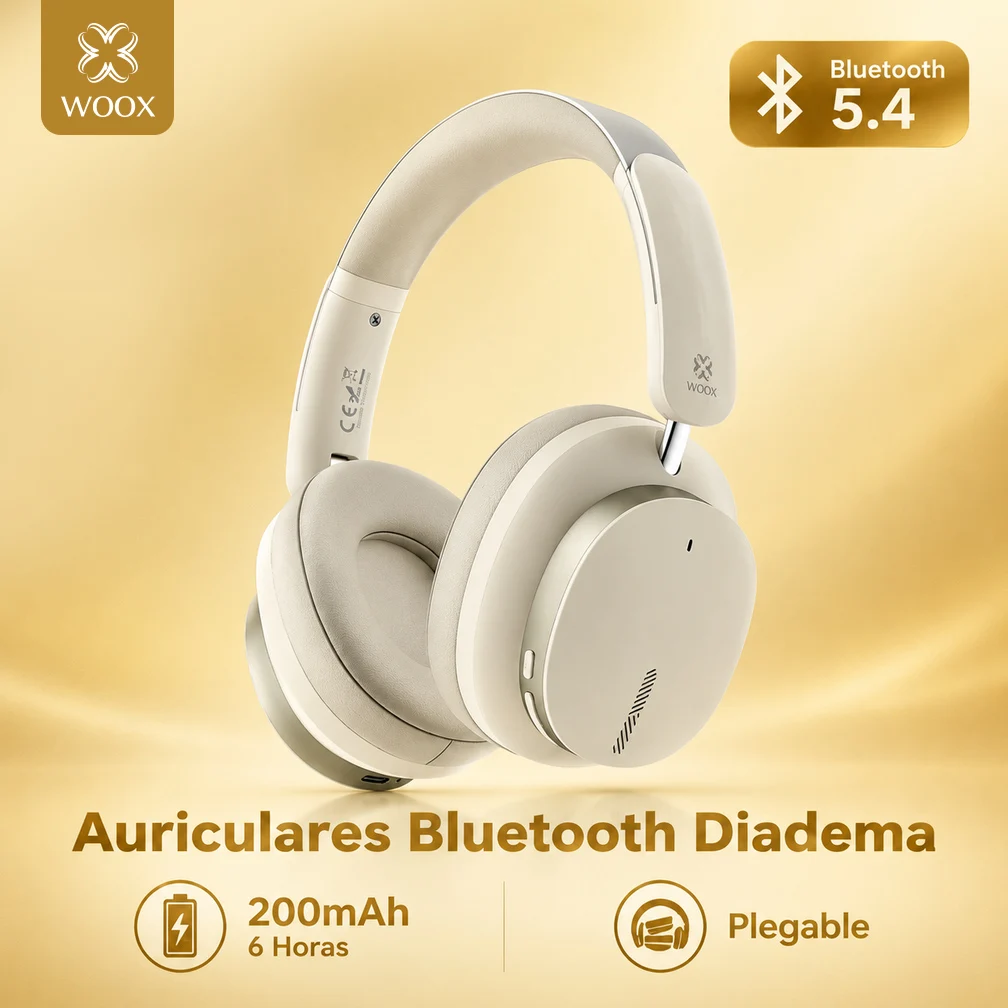 WOOX MX0224 Auriculares Inalámbricos Over-Ear con Bluetooth 5.4 | Diadema Plegable | 6h de Autonomía | 200mAh | Bajos Profundos | Entrada AUX | Carga Tipo-C | Llamadas Manos Libres | Auriculares Cómodos con Almohadillas Suaves | para Música Gaming Trabajo